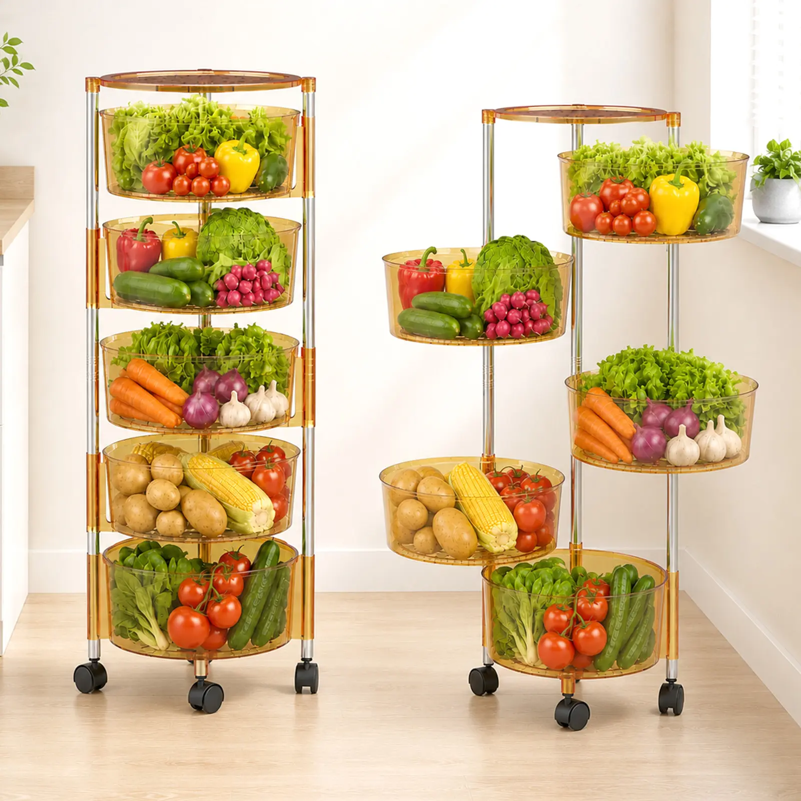 5-Tier Rotating Storage Shelf, Large Plastic Rolling Utility Cart with Wheels, Freestanding Fruit Vegetable Stand for Kitchen, Pantry, Bathroom