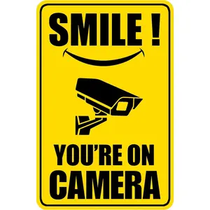 Smile You’re on Camera Signs Video Surveillance Outdoor Security Camera Metal Tin Sign 12"x8" Rectangle Design Water Proof Wall Decorations For Yard Or Outdoor