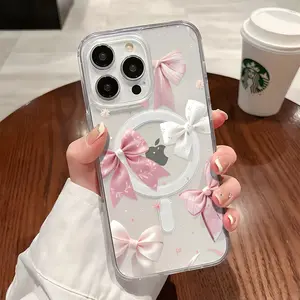 Cute Cartoon Bow Pattern Magnetic Clear Shockproof Protective Slim Thin Luxury Phone Case Cover for iPhone X Xsmax 11 12 13 14 15 16 17 Pro Max Plus Air MagSafe