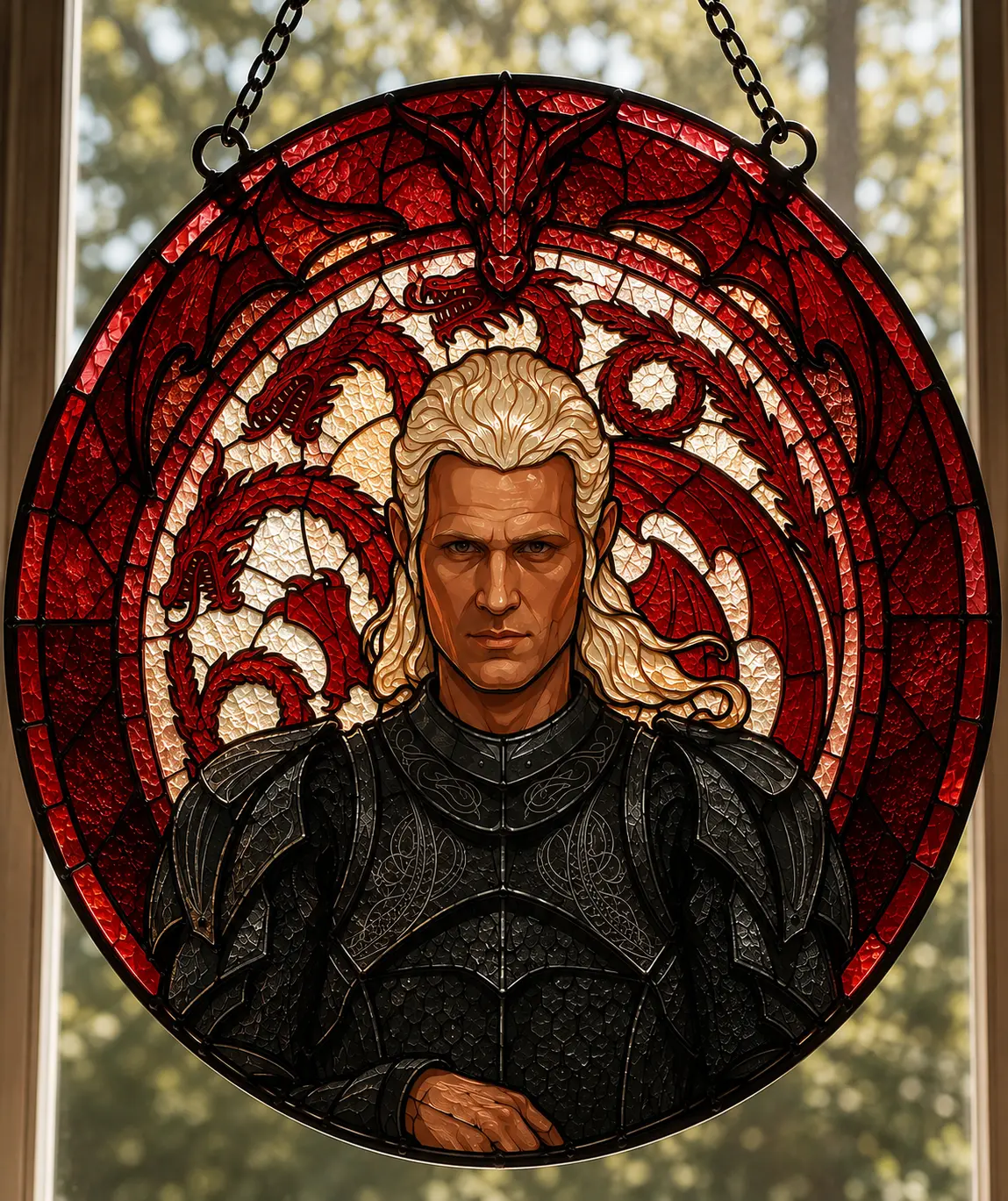 House of the Dragon Suncatcher | Daemon Targaryen Window Hanging Decor | HOTD Faux Stained Glass Art | Team Black Dragon Rider Merch | Ultimate Dark Fantasy Gift for Epic TV Show Fans
