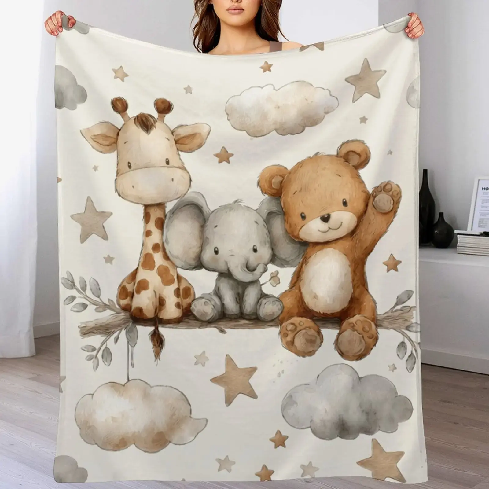 Snuggly Watercolor Safari Animal Baby Blanket Soft Neutral Crib Throw with Giraffe Elephant Teddy Bear Prints for Newborn Boys Girls Fluffy Cozy Warm Blanket