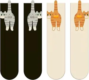 2 Pairs Cute Cat Socks with Balls, Men Women's Cotton Crew Socks - Novelty Funny Animal Prints | Perfect Gifts for Cat Lovers