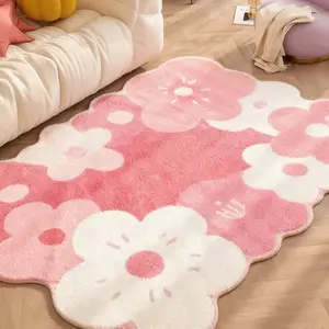 1pc Cute Girly Style Bedroom Decoration Decorative Fluffy Rug Pink Flowers Living Room Plush Carpet Ins Sweet Style Cloakroom Carpet Fluffy Soft Irregular Shape Leisure Area Non-slip Floor Mat