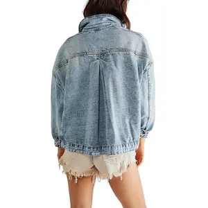 Women'sOversizeVintageWashedDenimJacketLongSleeveClassicLooseJeanTruckerJacket