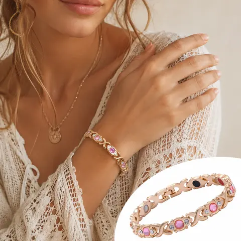 Women's Gold-Tone Magnetic Trendy Stack Bangle - Baroque Crystal Bead, Colorful Stones, Exquisite Trendy Bracelet, Alloy Bangles Bracelets for Adult Females' Daily Casual Wear, Christmas Gift Idea