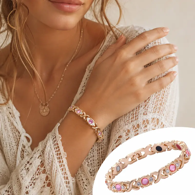 Women's Gold-Tone Magnetic Trendy Stack Bangle - Baroque Crystal Bead, Colorful Stones, Exquisite Trendy Bracelet, Alloy Bangles Bracelets for Adult Females' Daily Casual Wear, Christmas Gift Idea