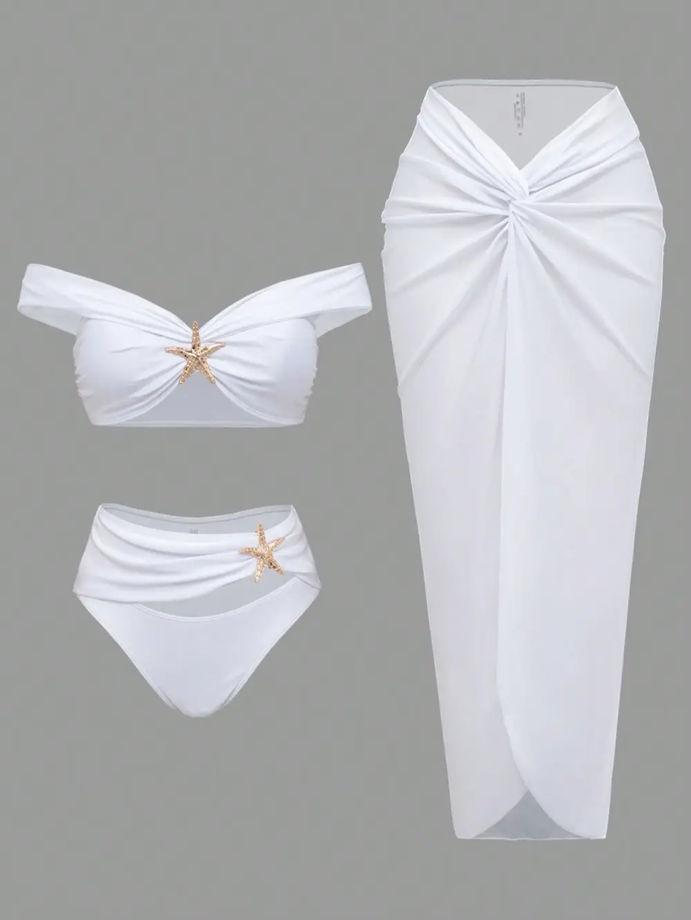 2026 New Women's 3-Piece Starfish Print Two-Piece Bikini Set with Long Mesh Cover Up Dress