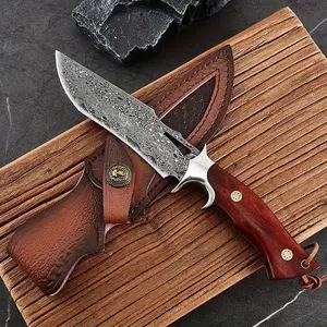 Hand-Forged Damascus Blade: This knife features a hand-forged Damascus fixed blade, known for its unique pattern and strength. The blade design ensures quick and efficient cutting, making it ideal for various tasks.