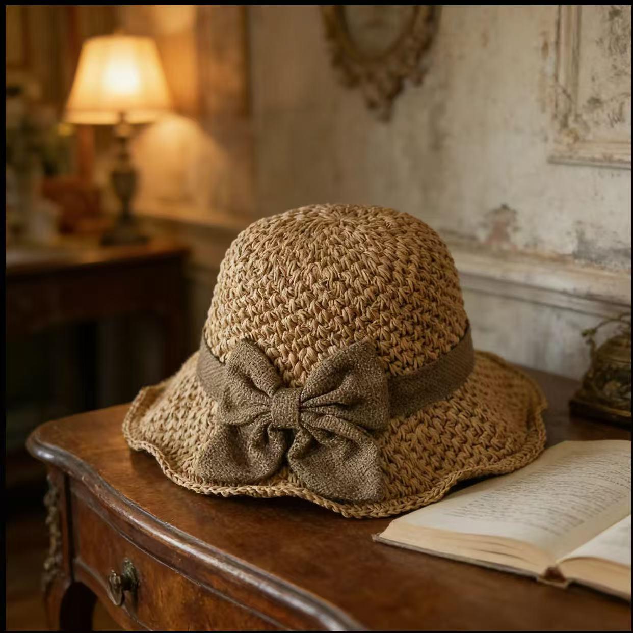 Versatile retro woven handmade straw hat withruffled bow, elegant French sun hat, foldable,breathable travel beach hat.Folds compact for easy portability.