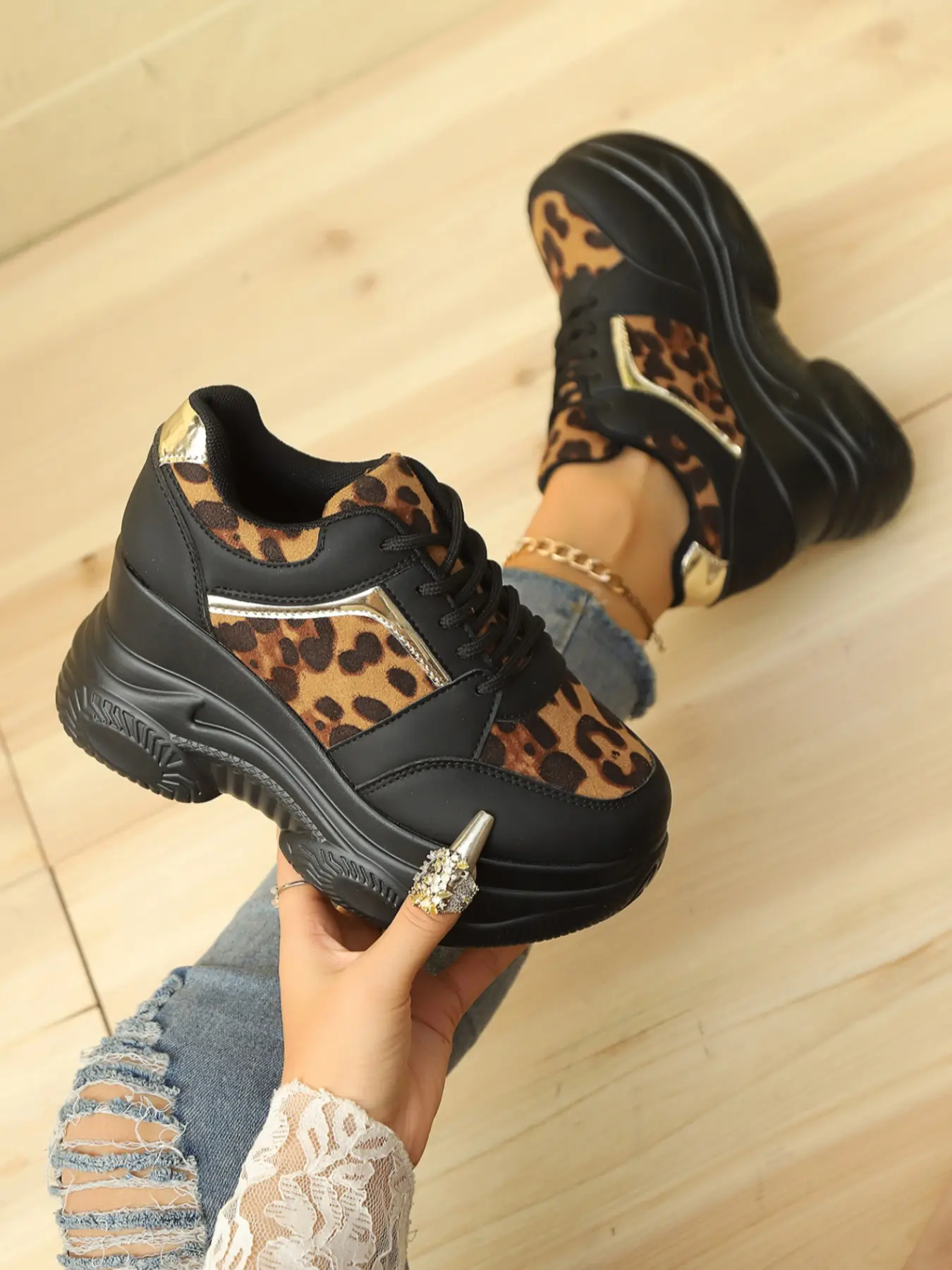 Women's Leopard Print Wedge Shoes, Thick Sole Textile Material, Lace-Up Design, Waterproof Anti-Slip Rubber Sole, Casual Walking Sneakers