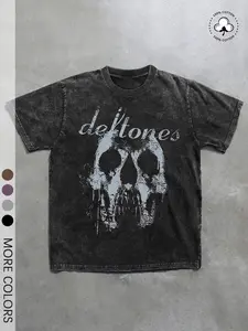 1 Piece Men’s Deftones Band Graphic 100% Cotton T-Shirt, Black Vintage Distressed Tee With Skull Logo, For Rock Music Fans, Concerts And Street Style