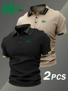 Two-Piece Hh3407 Crocodile Print Men's Button-Down Shirt, Stretchy Casual Breathable Polo Shirt, Comfortable All-Season Wear