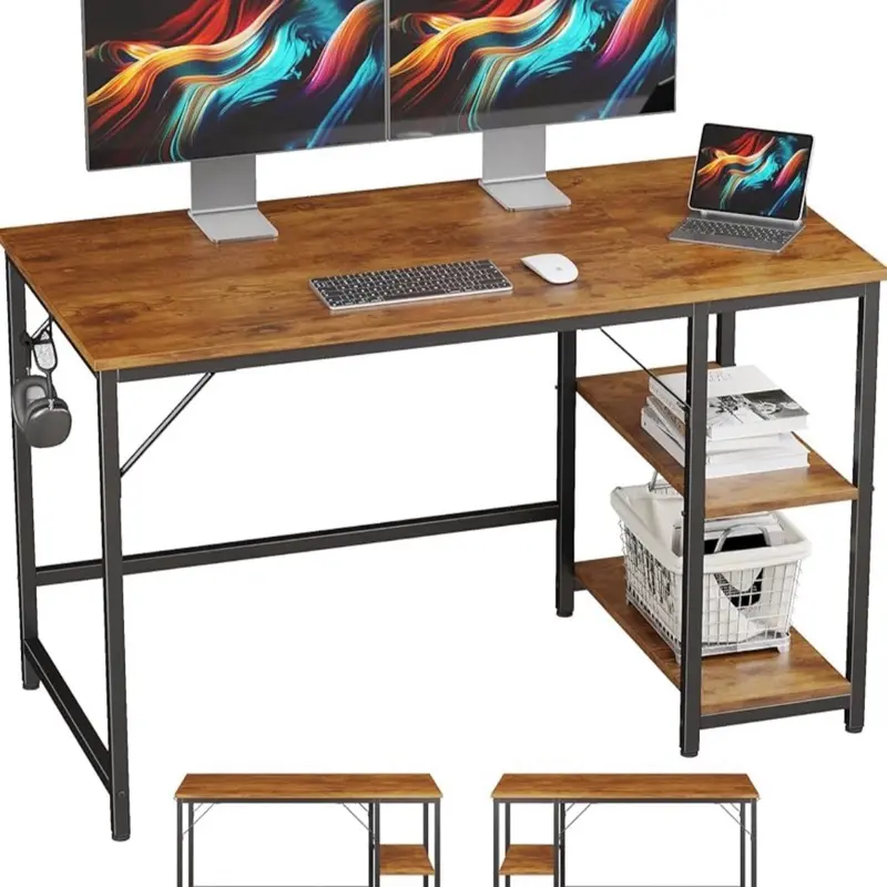 JOISCOPE Modern Industrial Style Computer Desk with Storage Shelves for Home Office & Gaming Workstation with Wood Finish and Metal Frame