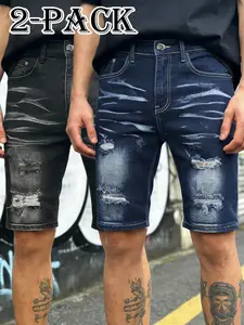 Men's Summer Ripped Washed Denim Shorts Black and Blue 2-Pack