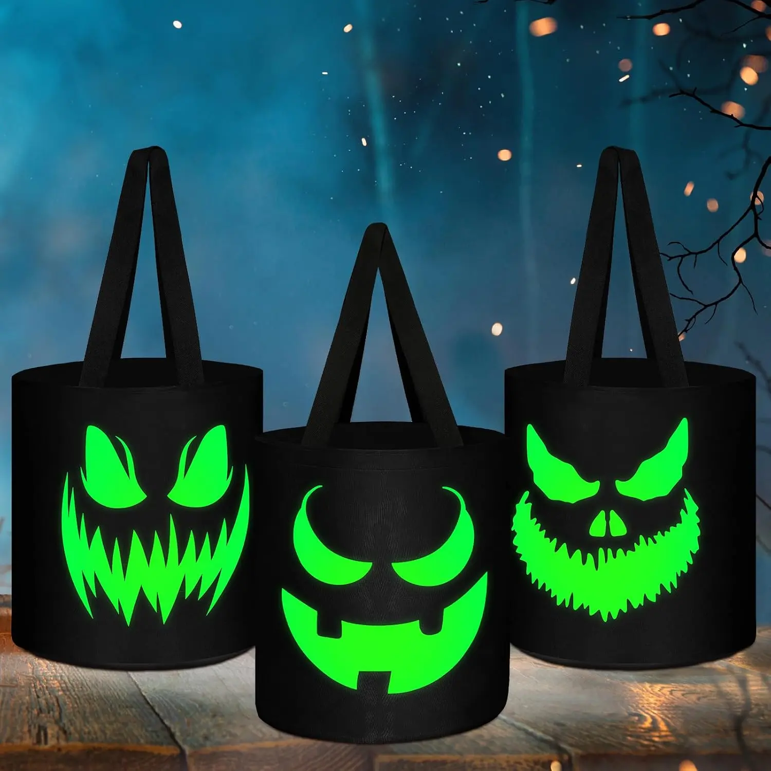 3 Pcs Halloween Glow in The Dark Buckets with Fluorescent Coating, 10.4 × 9.8  Inches Candy Trick or Treat Bags, Multipurpose Reusable Light Up Goody Buckets for Kids Halloween Supplies and Party Favors