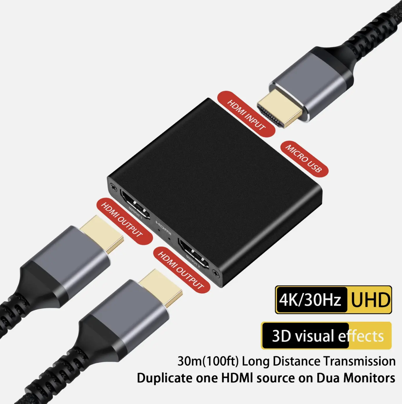 HDMI Splitter 1 In 2 Out 4KUHD HDMI Splitter For Dual Monitors Duplicate Mirror