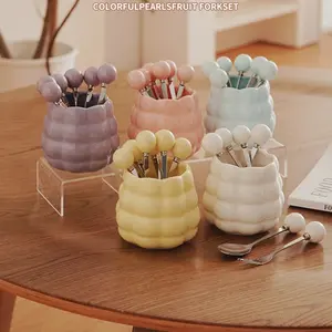 Creamy Ceramic Pearl Fruit Fork Set, High Aesthetic Home Decor, Perfect Gift for Birthdays, Festivals, Housewarming, 1-5 Users