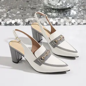 Women's Pointed Toe High Heeled Sandals with Metal Chain & Adjustable Strap, Grey Metallic Accents, Durable TPU Sole, Ideal for Office & Summer Footwear