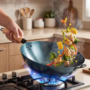 13" Pre-Seasoned Carbon Steel Wok with Flat Bottom – Stir Fry Pan for All Stoves, Induction, Gas, Electric, Grill & Camping Cookware Bbq Lightweight