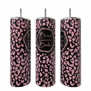 Boss Babe Pink Leopard 20 oz Tumbler Coffee Drinkware Insulated Lid Skinny Portable Vacuum Insulated with Straw Customizable Name or Phrase Hand Wash Only