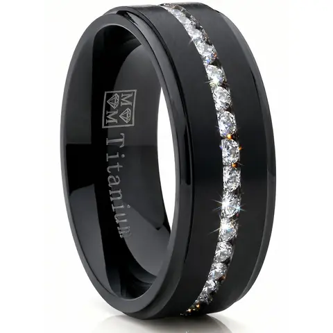 1.5ct. Black Titanium Men's Eternity Wedding Band Ring Cubic Zirconia CZ Comfort-Fit 8mm
