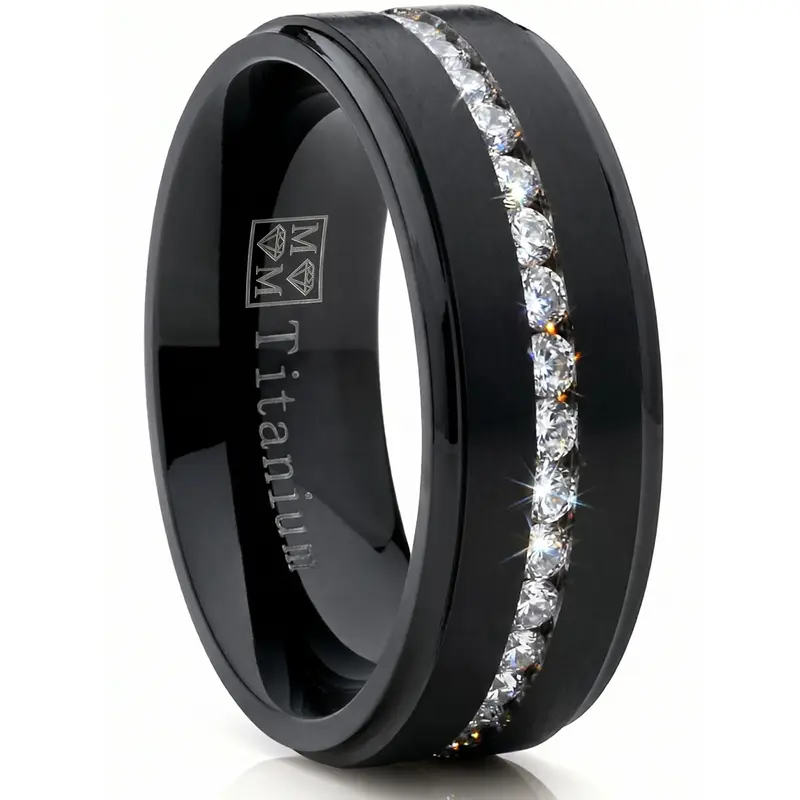 1.5ct. Black Titanium Men's Eternity Wedding Band Ring Cubic Zirconia CZ Comfort-Fit 8mm