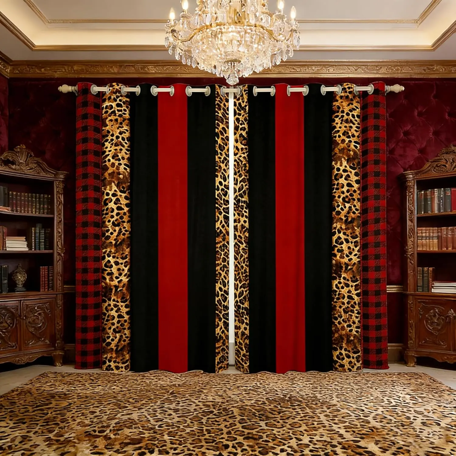 Leopard Skin Window Curtains Brown Cheetah Print Window Treatments Red Black Plaid Stripe Print Window Drapes for Kids Boy Girls Grommet Top 2 Panel Set Bedroom Curtains