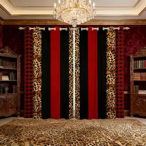 Leopard Skin Window Curtains Brown Cheetah Print Window Treatments Red Black Plaid Stripe Print Window Drapes for Kids Boy Girls Grommet Top 2 Panel Set Bedroom Curtains