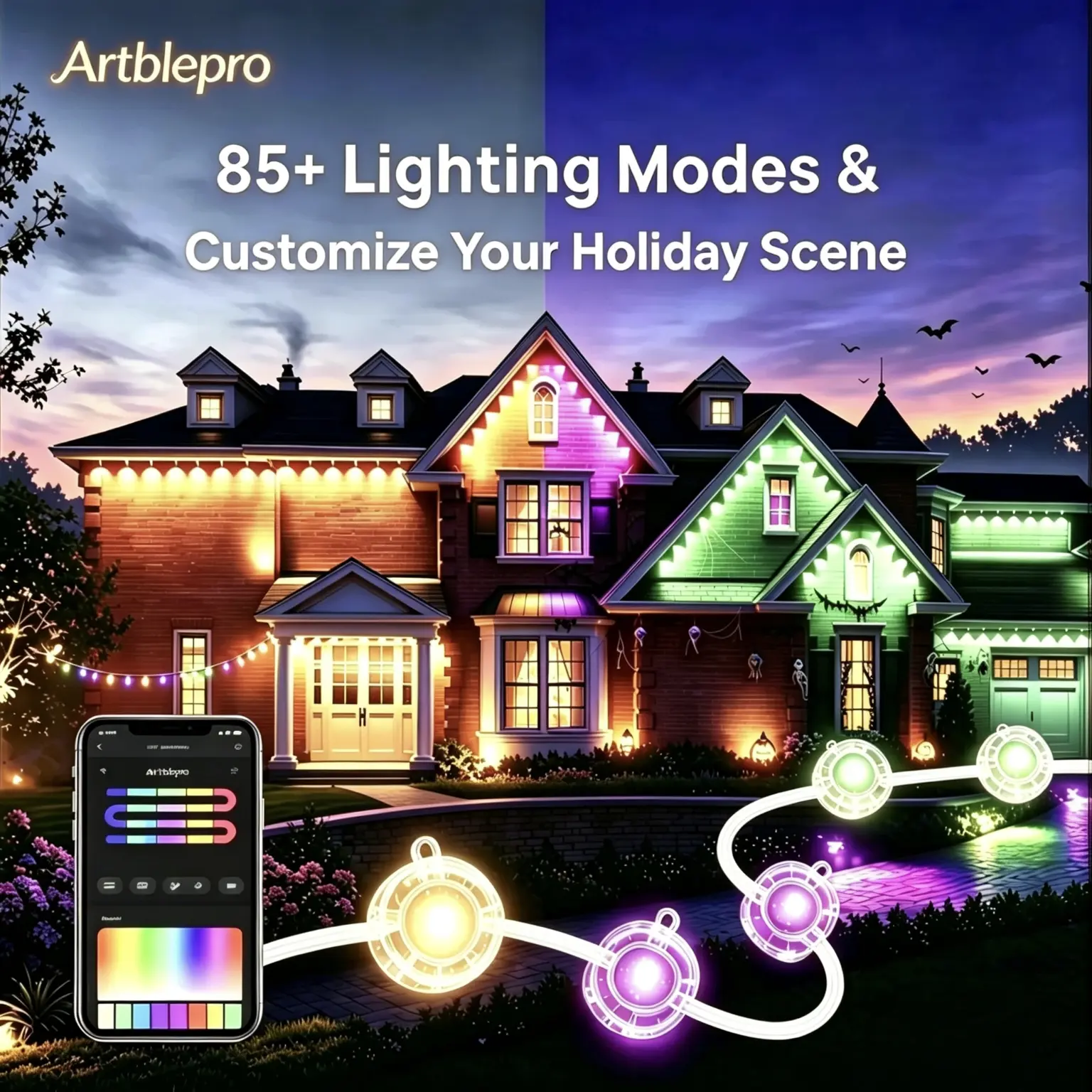 ARTBLEPRO RGB-IC Permanent Outdoor Lights, LED Eave Lights, IP67 Waterproof Colorful House Roof Lights, App & Remote Control, Music Sync, 16M Colors, Christmas Decor & Halloween Outdoor Decorations, Home Exterior Lighting