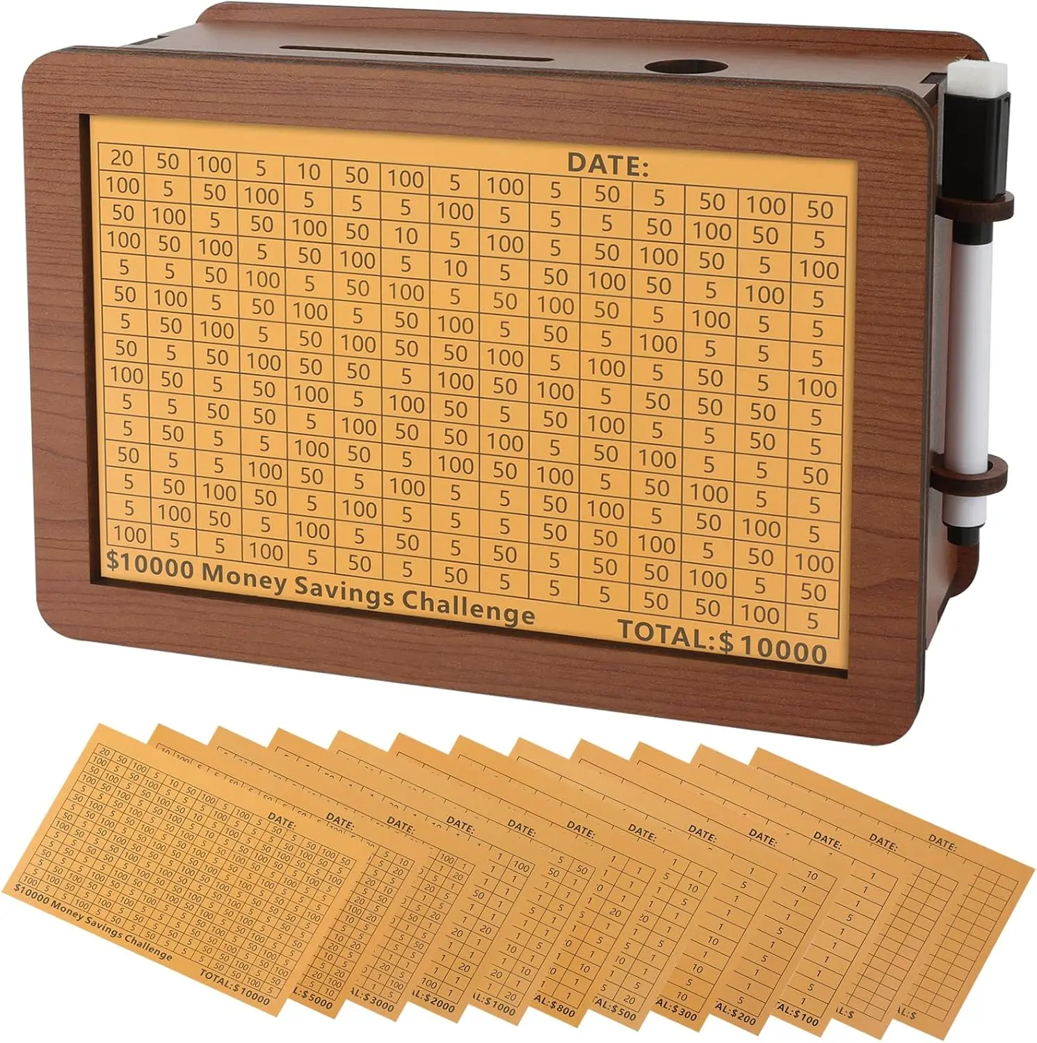 Wooden Money Saving Box, Piggy Bank for Kids & Adults - Reusable $10,000 Savings Challenge Box with Progress Tracker & Cash Vault, Educational Savings Gift for Boys Girls Ages 3-12 (12 Amounts)