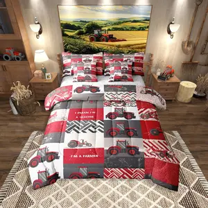 Feelyou 7-Pcs Kids Microfiber Bedding Set with Bedding Sheets - Red Cartoon Tractor Quilt, Farm Truck Bed-in-A-Bag, Construction Equipment Comforter, Letter Pattern Blanket