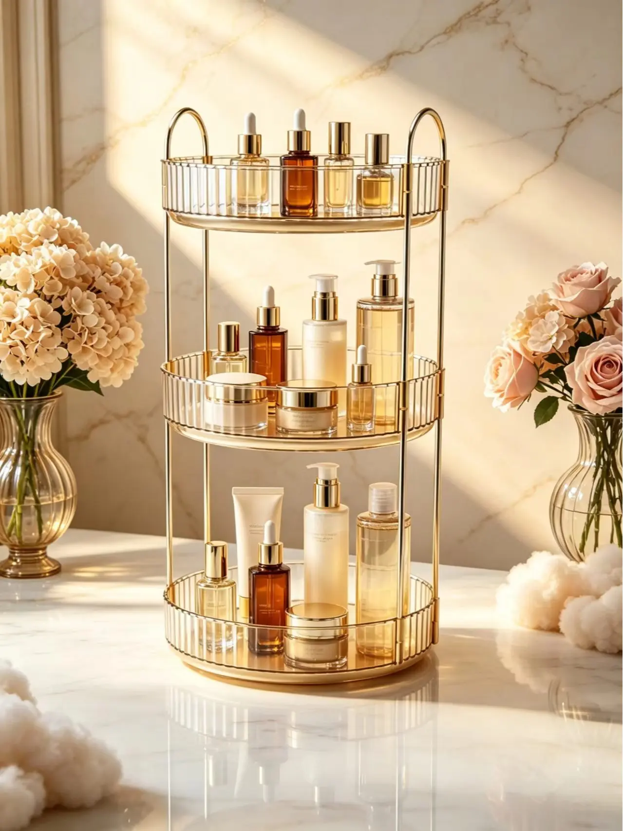 360° Rotating Makeup Organizer 3-Tier Large Capacity Cosmetic Storage Shelf, Aesthetic Clear Vanity Skincare Perfume Lipstick Display Tray, Countertop Spinning Beauty Organizer for Bathroom Dresser
