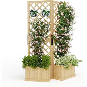 Cedar Privacy Screen with Planter Box - 2-Panel Freestanding Garden Fence, 41 in x10 in x65 in Tall Outdoor Divider with Drain Holes & Raised Bed for Patio, Deck & Backyard (Natural Wood)