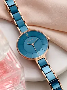ROCOSJEWE Women's Ultra-Thin Fashion Analog Watch - 34mm Round Face, 30-50M (3ATM) Water Resistant, Blue Mineral Glass Dial, Rose Gold Accents, Ceramic Build, Quartz Movement, Butterfly Clasp, Elegant Design,summervibes outdoorfun