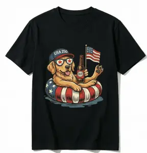 Women's 4th of July Patriotic Golden Print Comfy Short-Sleeve 100% Cotton USA Flag Casual Summer T-Shirt for Day Wear