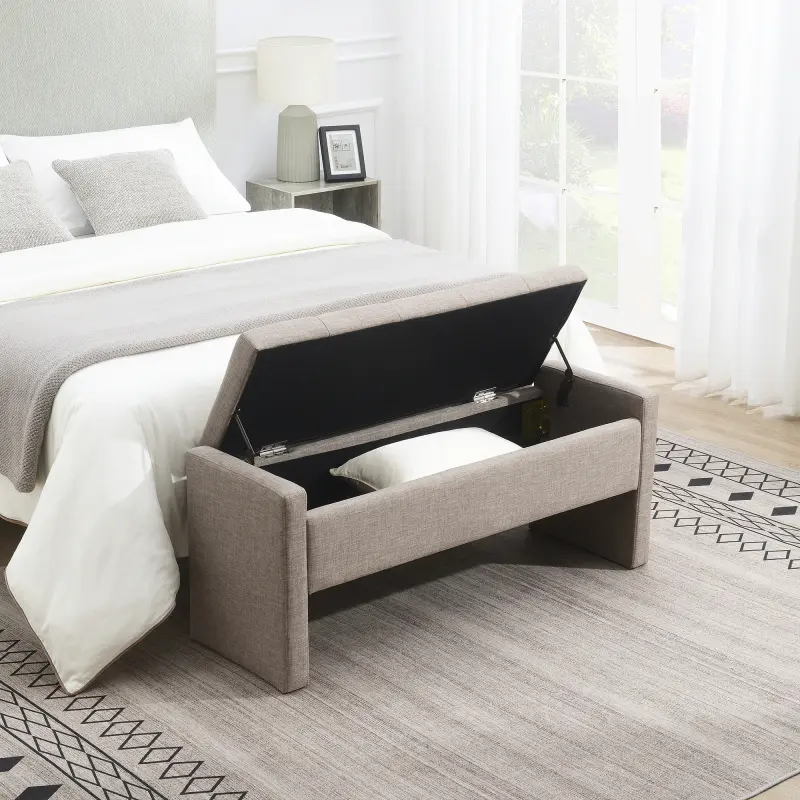 Modern Bed End Bench with Storage Upholstered Large Foot Rest Stool Comfy Window Vanity Bench for Living Room Bedroom Dorm Coffee Table Linen Grey Brown