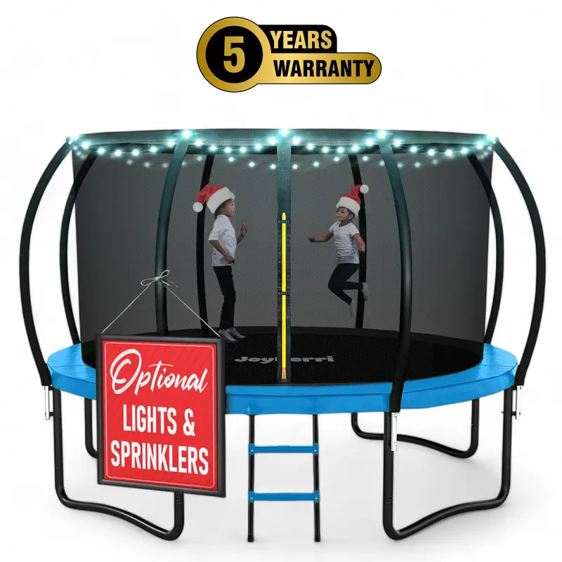 JoyBerri Trampoline for Kids & Adults – 8ft 10ft 12ft 14ft 16ft - Fun & Safe Outdoor Exercise with Bonus Sprinkler and LED Light set. ASTM Certified