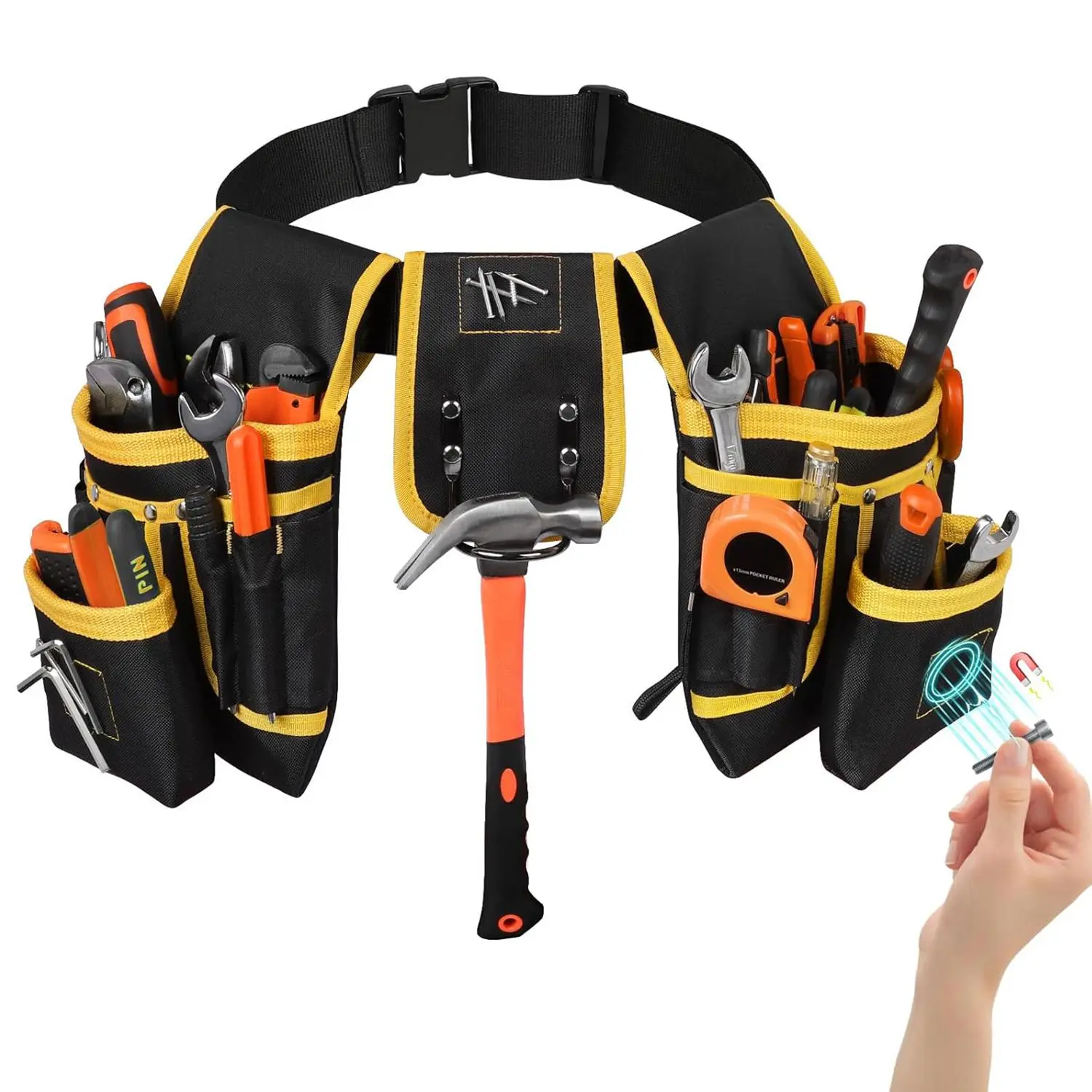 Tool Belt for Men, 1 Count 26 Pockets Tool Pouch, Magnet Holster Nail Utility Toolbelt, Detachable Adjustable Waist Holder for Handyman Contractor Mechanic Plumber