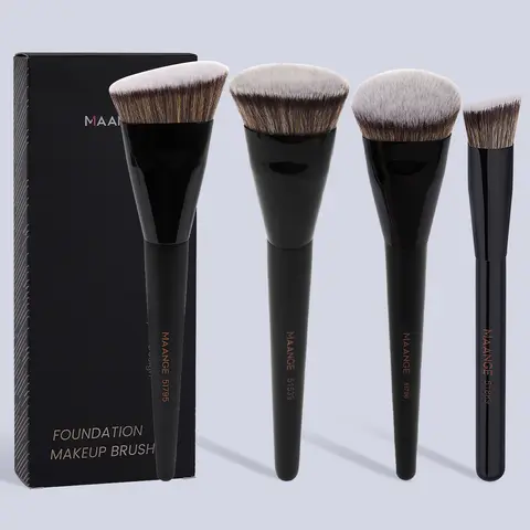 MAANGE 4pcs Black Unisex Makeup Brushes Set - Flat Top Foundation, Angled Contour, Round Blush, Triangle Top Concealer Highlighter Tools for Women's Flawless Foundation Makeup Beauty Kit