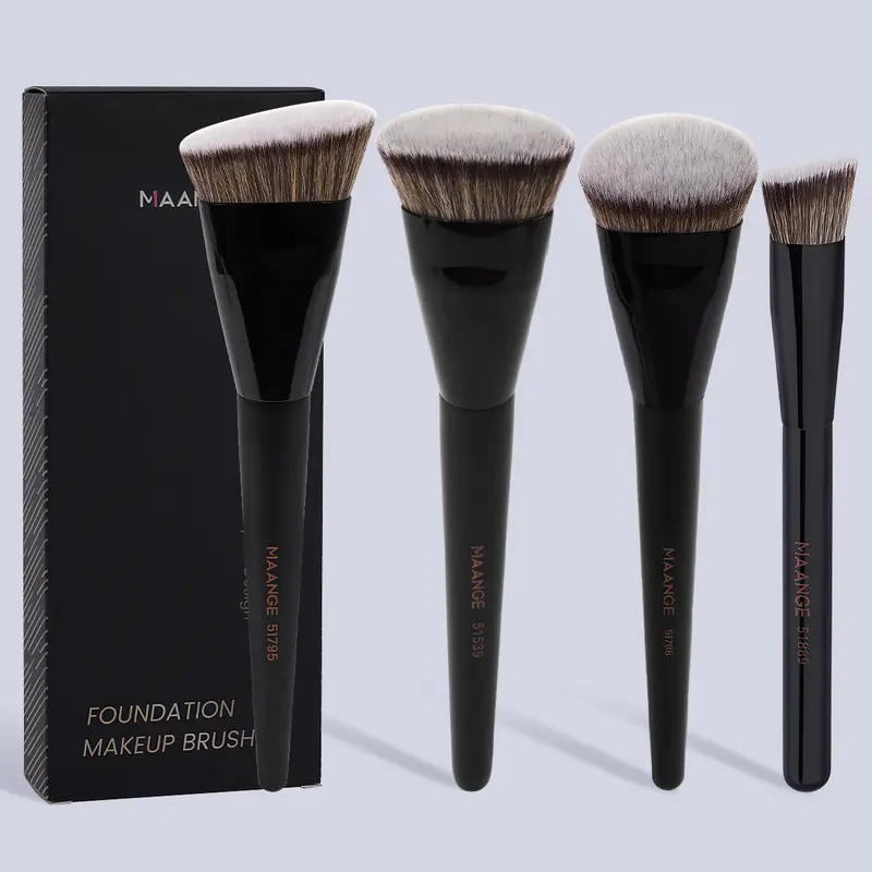 MAANGE 4pcs Black Unisex Makeup Brushes Set - Flat Top Foundation, Angled Contour, Round Blush, Triangle Top Concealer Highlighter Tools for Women's Flawless Foundation Makeup Beauty Kit