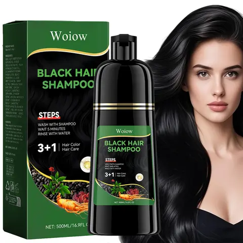 Woiow 3-in-1 Black Hair Dye Shampoo Cleanser Combo - Herbal Plant & Ginseng Extract Haircare for Adults, Any Grey Coverage, Darkening, Natural Coloring, Conditioner, Restore, Gentle Gift Option, Shine + Soft Hair, 3-4 Weeks Long-Lasting
