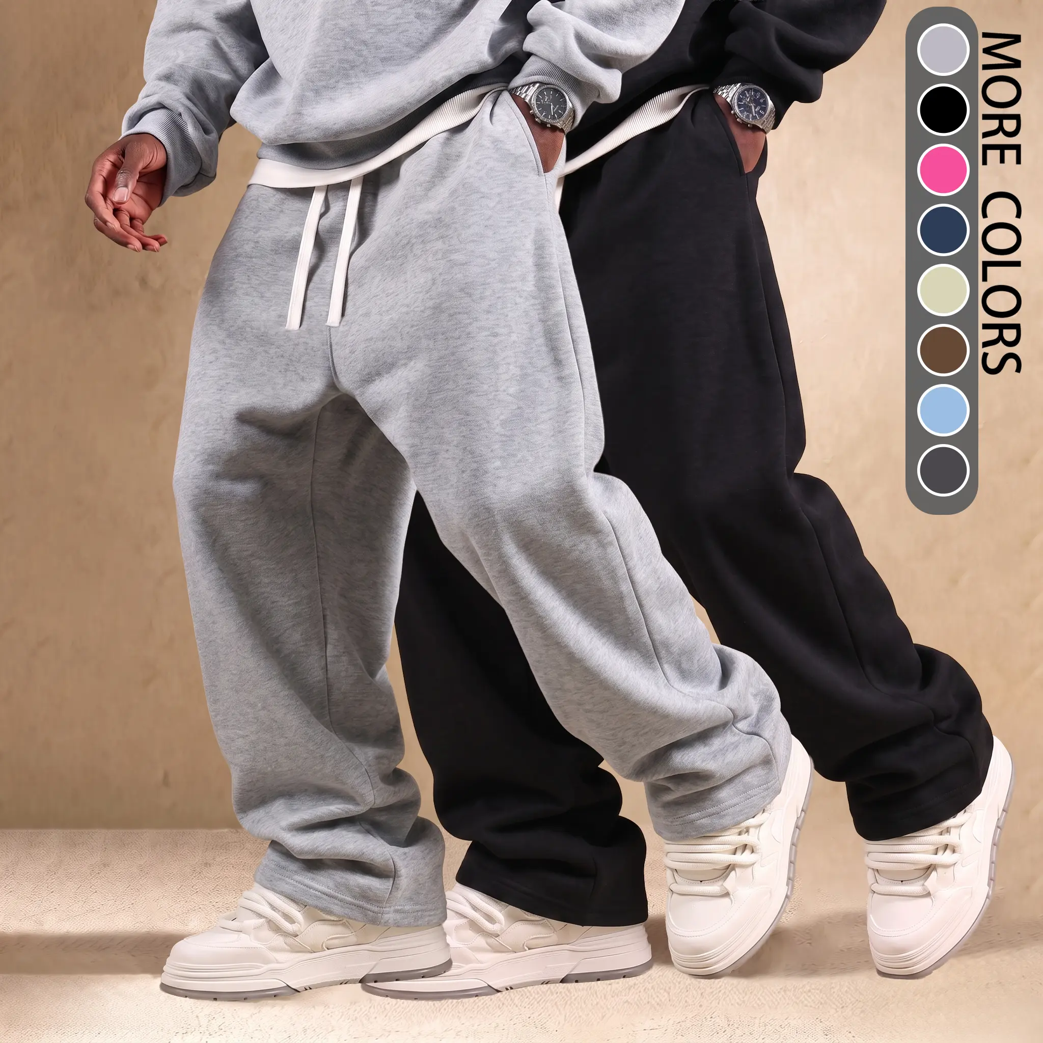 Men's Athletic Pants 2 Pack, Beige Loose Fit Wide-Leg Joggers with Drawstring Waist, Ultra-Soft & Breathable for Running & Fitness, Baggy Sweatpants