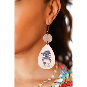 USA Flag "#MOMLIFE" Wooden Dangle Earrings