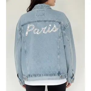 Custom Oversized Denim Jacket - Embroidered Name or Crystal Pearl Lettering - Washable & Durable - Perfect for Bachelorette Parties Weddings Travel Birthdays - Paris Design