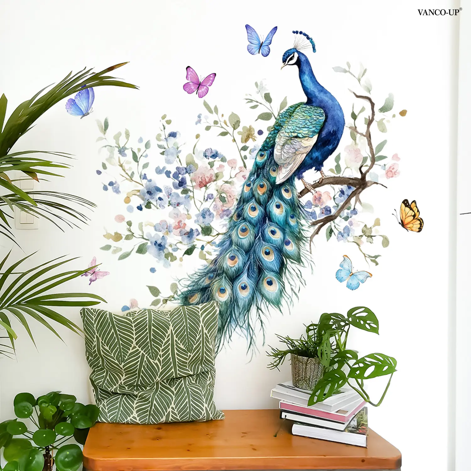 1Pc (30*90cm) Watercolor Peacock Theme Wall Sticker, Light Luxury Romantic Flowers & Butterflies Decor Sticker, Self-Adhesive Home Decor Sticker