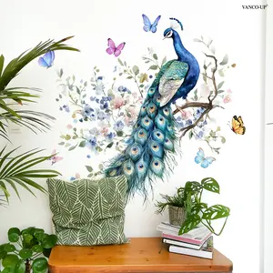 1Pc (30*90cm) Watercolor Peacock Theme Wall Sticker, Light Luxury Romantic Flowers & Butterflies Decor Sticker, Self-Adhesive Home Decor Sticker