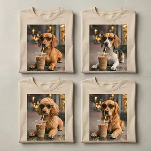 Cool Dog Drinking Iced Coffee Tee | Aesthetic Golden Retriever Poodle Shirt