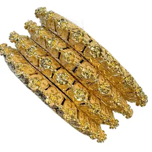 High Quality 24k 5 Grams Gold Plated Closed Bangles 4 Set with Intricate Floral Design and Sparkling Stones