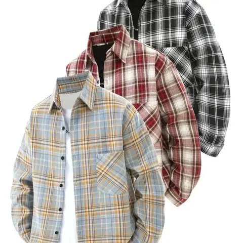 Men's 3-Pack Preppy Rayon Plaid Flannel Style Long-Sleeve Button-Front Shirts with Feathers, Spring Casual Tops