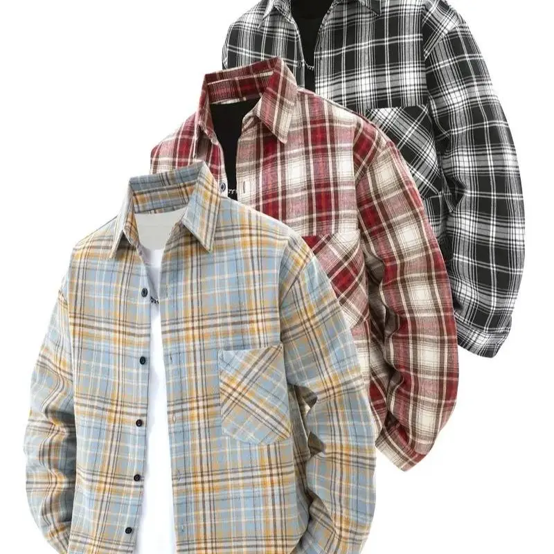 Men's 3-Pack Preppy Rayon Plaid Flannel Style Long-Sleeve Button-Front Shirts with Feathers, Spring Casual Tops
